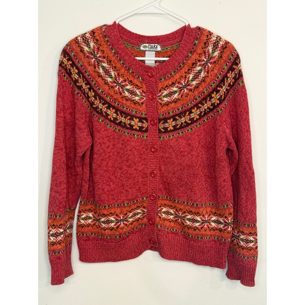 Tiara International Vintage Fair Isle Knit Button Cardigan Cottagecore Red M